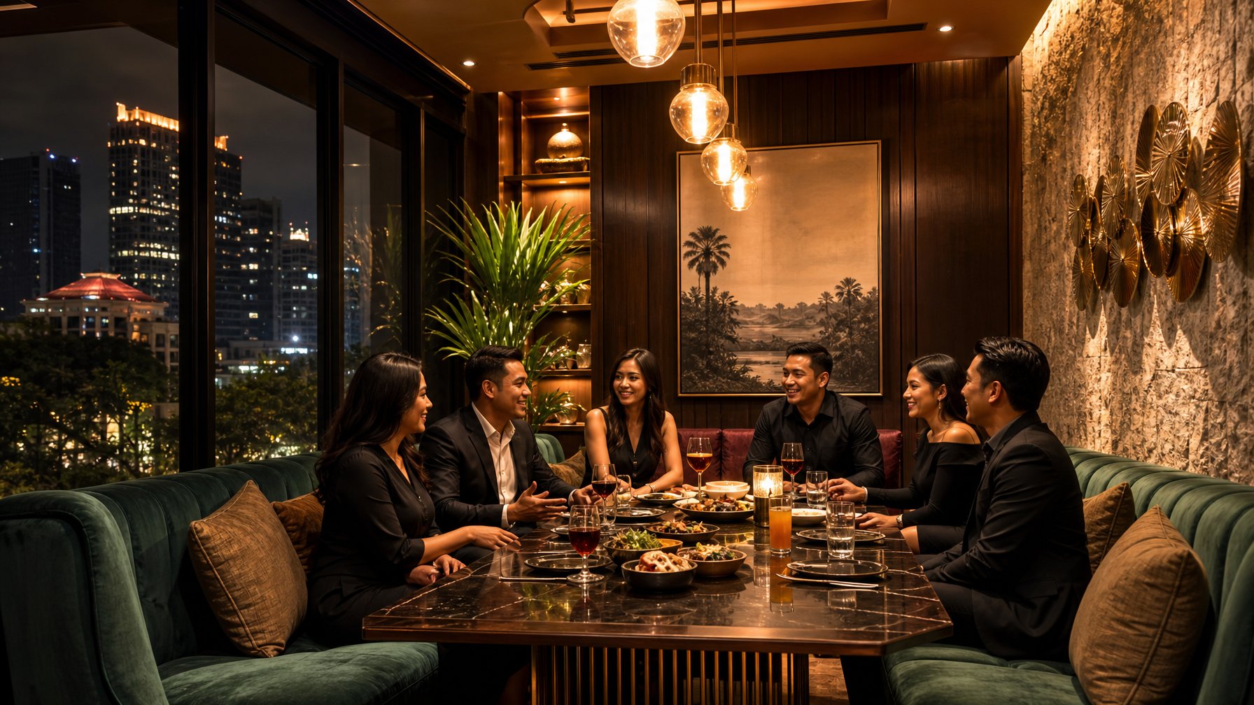 Ruangan VIP kafe malam yang elegan di Surabaya dengan sekelompok orang sedang berbincang.