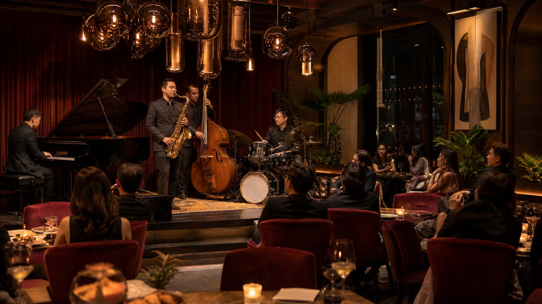 Pengunjung menikmati pertunjukan jazz langsung di kafe malam yang elegan.