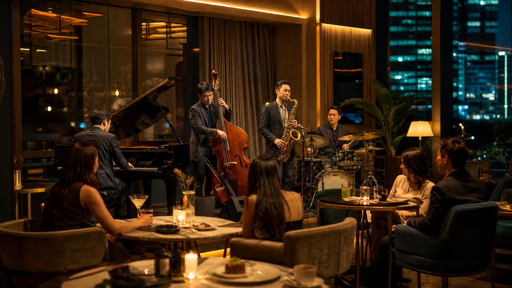 Musisi jazz tampil di kafe malam yang elegan dengan suasana hangat dan para tamu menikmati pertunjukan.
