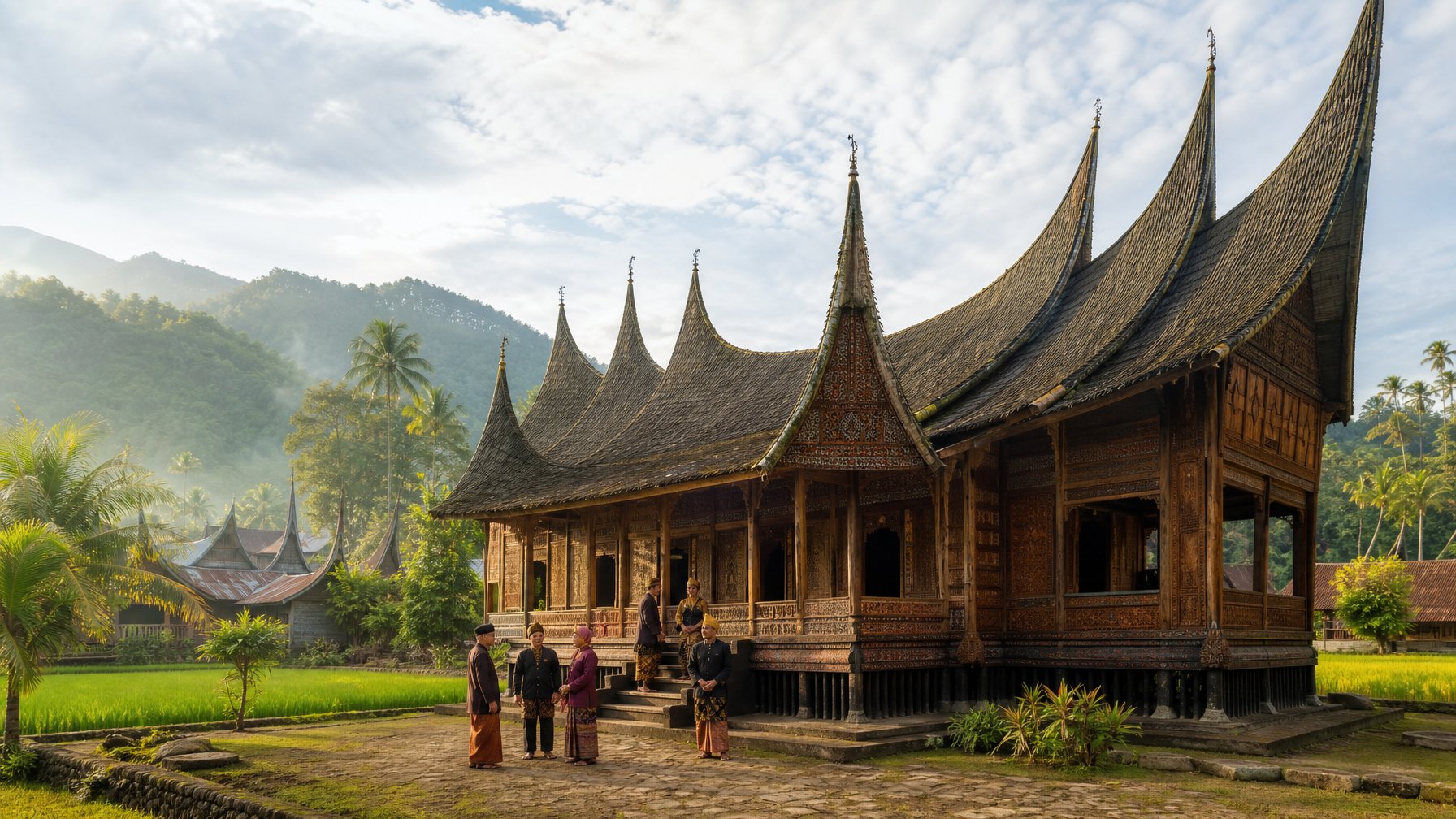 Rumah Gadang tradisional Minangkabau berdiri di tengah lingkungan hijau dengan beberapa orang berkumpul di berandanya.