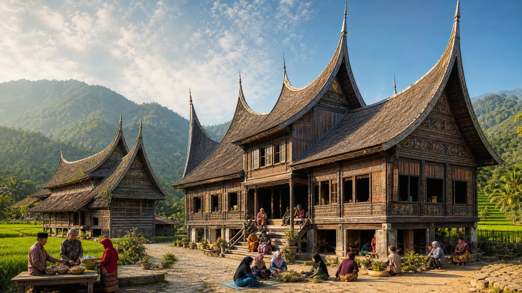 Rumah Gadang tradisional Minangkabau berdiri di tengah desa hijau dengan warga beraktivitas di sekitarnya.