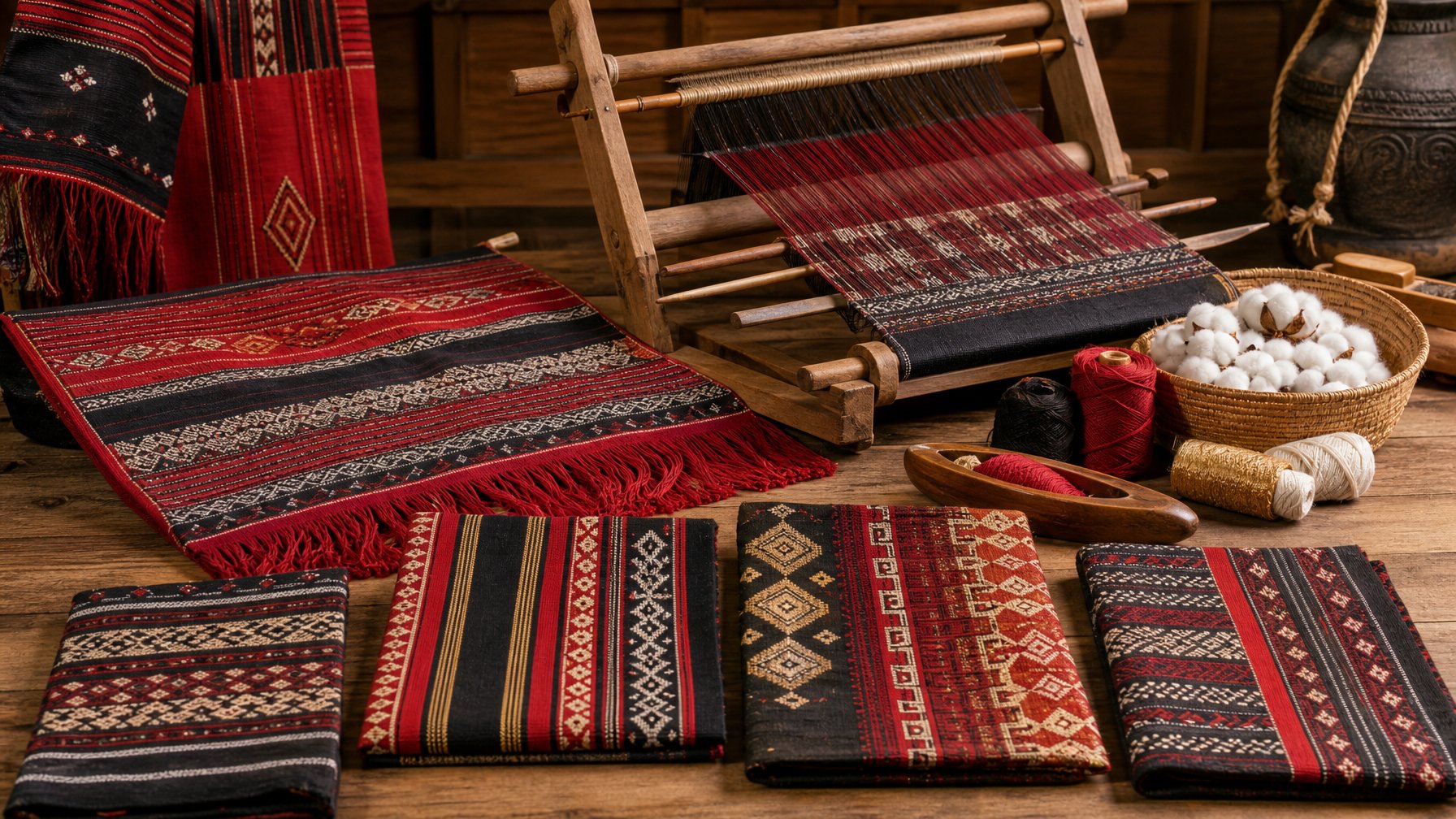 Kain tenun tradisional Batak Toba dengan motif geometris, alat tenun kayu, benang, dan perlengkapan khusus.
