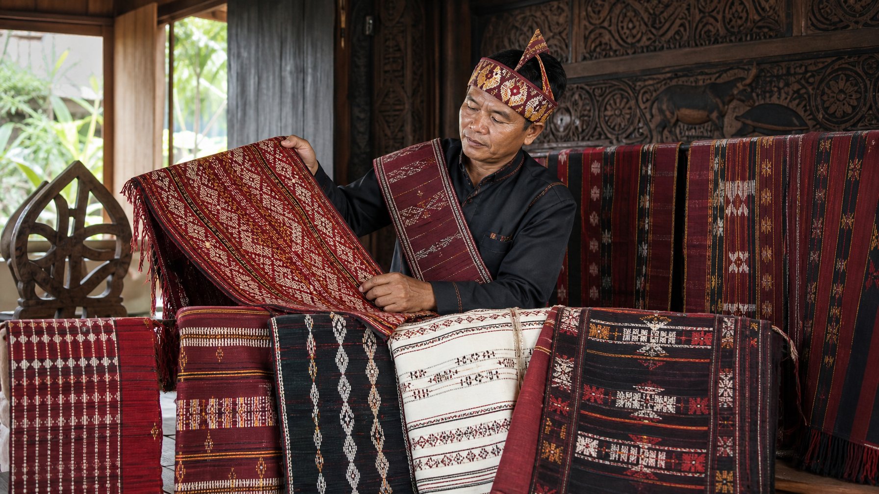 Seorang pengrajin Batak Toba menampilkan beberapa kain ulos bermotif geometris.