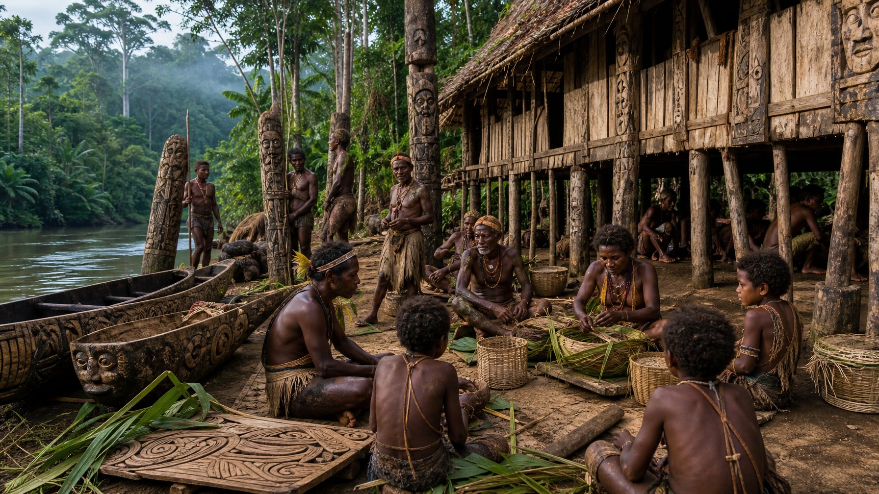 Komunitas Asmat berkumpul di desa dekat sungai dengan rumah tradisional, ukiran kayu, dan perahu di tengah lingkungan hutan Papua.