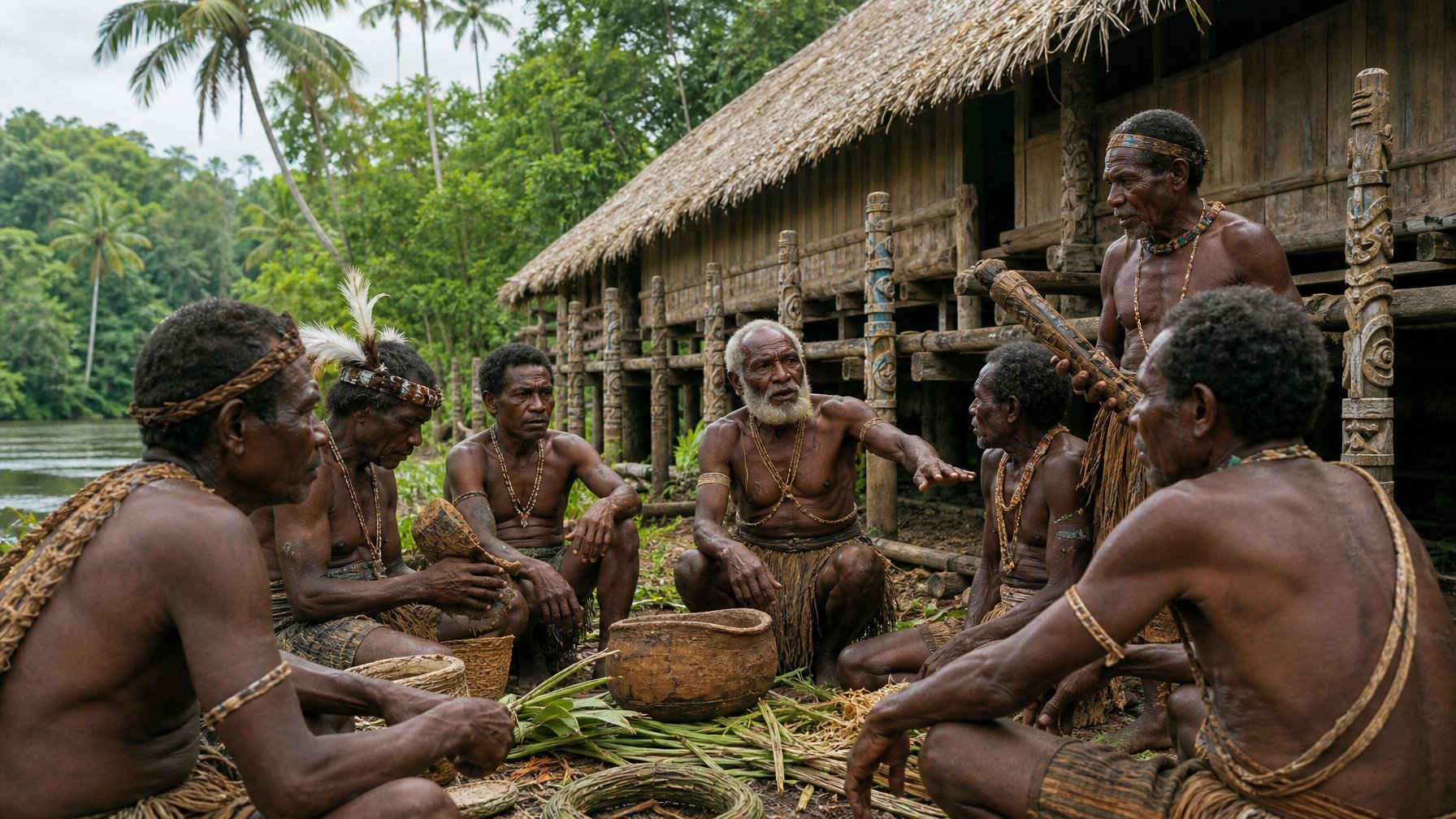 Masyarakat Asmat berkumpul dan bekerja sama di dekat rumah adat di lingkungan hutan tropis Papua.