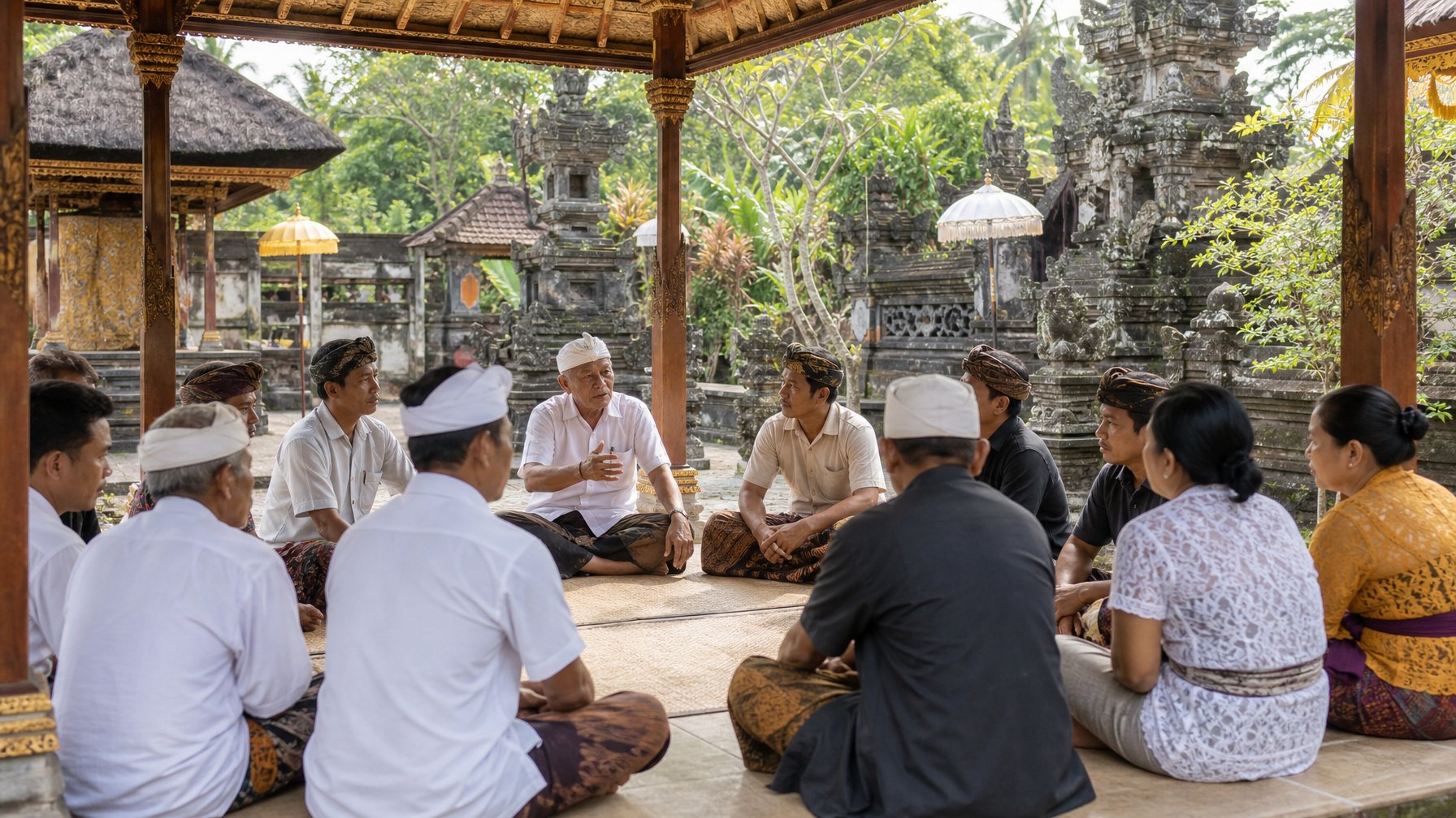Warga Bali berkumpul dalam pertemuan masyarakat di balai desa tradisional.