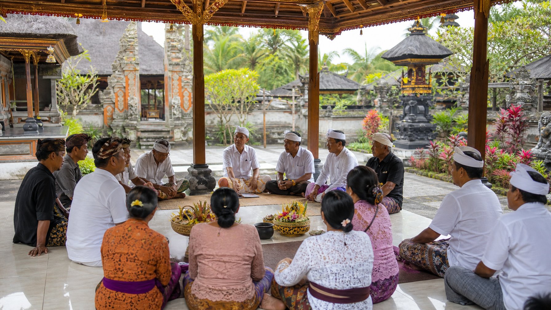 Warga Bali berkumpul dalam pertemuan adat di balai tradisional dekat pura.