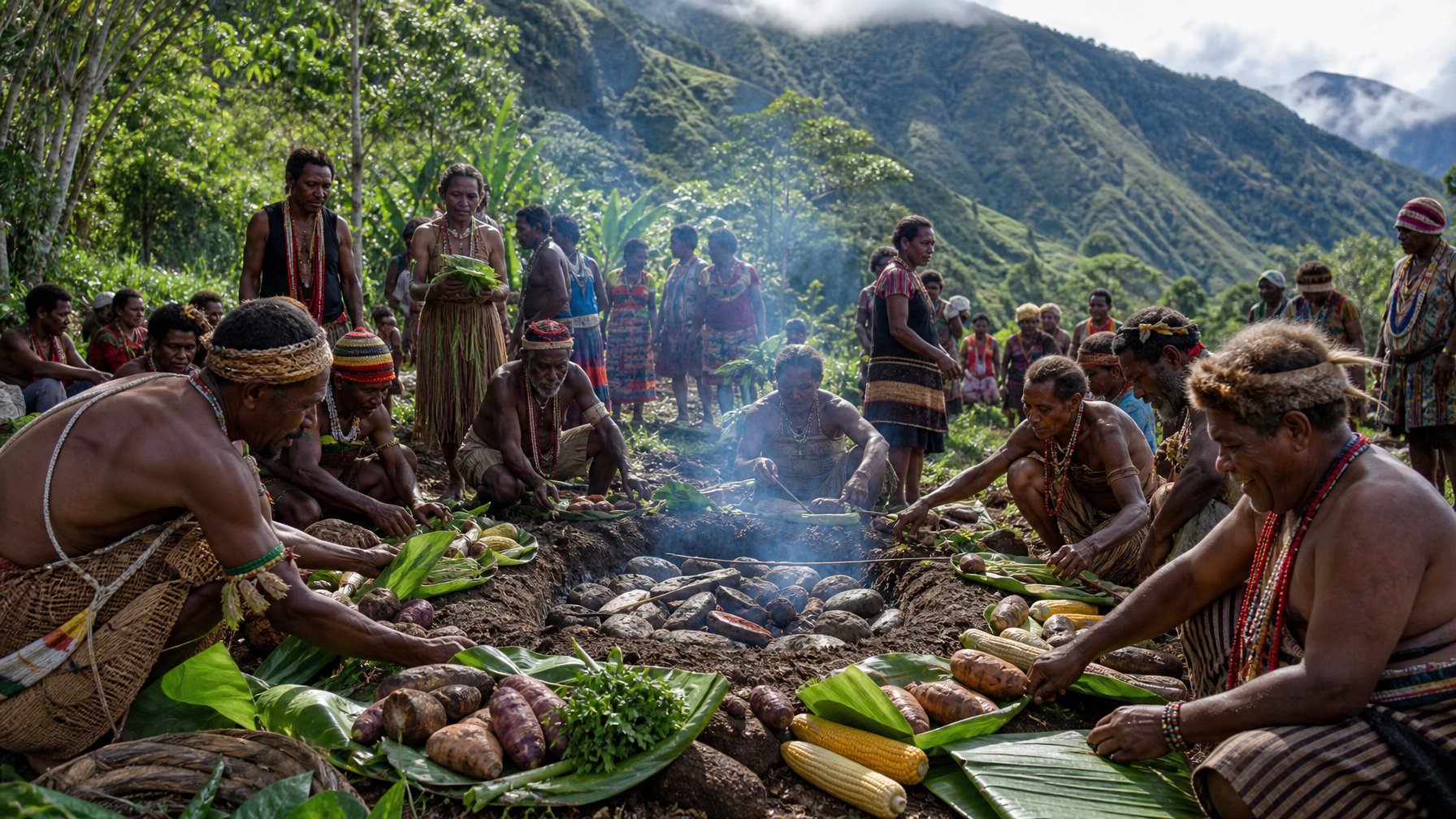 Warga pegunungan Papua berkumpul menyiapkan makanan dalam ritual syukuran Bakar Batu.