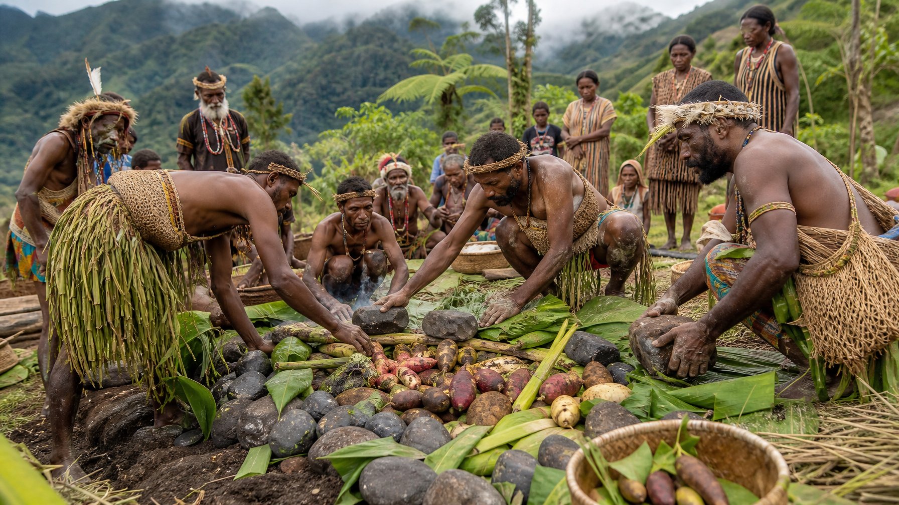 Warga Papua berkumpul dan memasak bersama menggunakan batu panas, daun pisang, serta hasil bumi di lingkungan pegunungan.