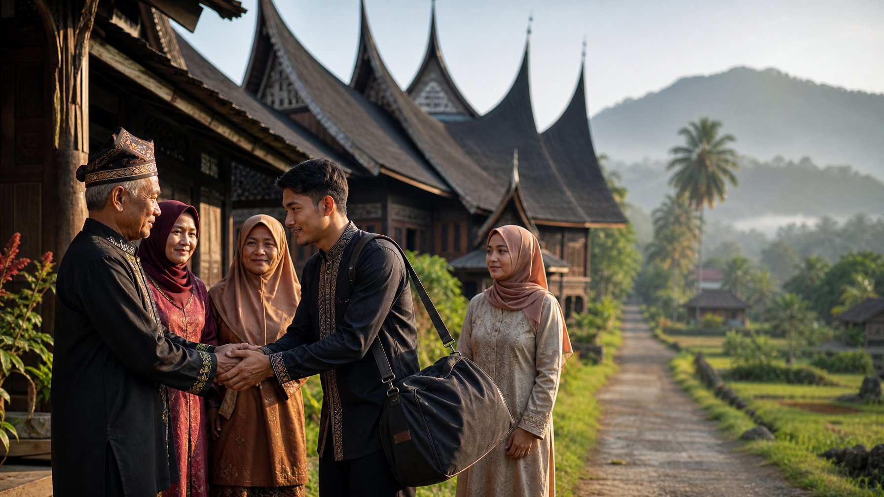 Seorang pemuda Minang berpamitan kepada keluarganya di depan rumah gadang sebelum merantau.