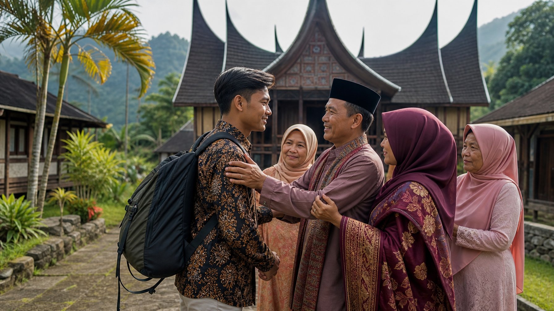 Seorang pemuda Minangkabau berpamitan kepada keluarganya di depan rumah gadang sebelum merantau.