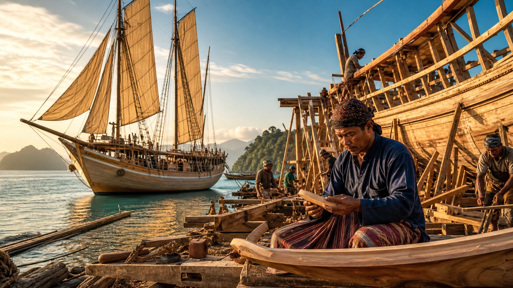 Kapal Pinisi tradisional berlayar di perairan tropis dengan pembuat kapal Bugis yang bekerja di galangan kayu.