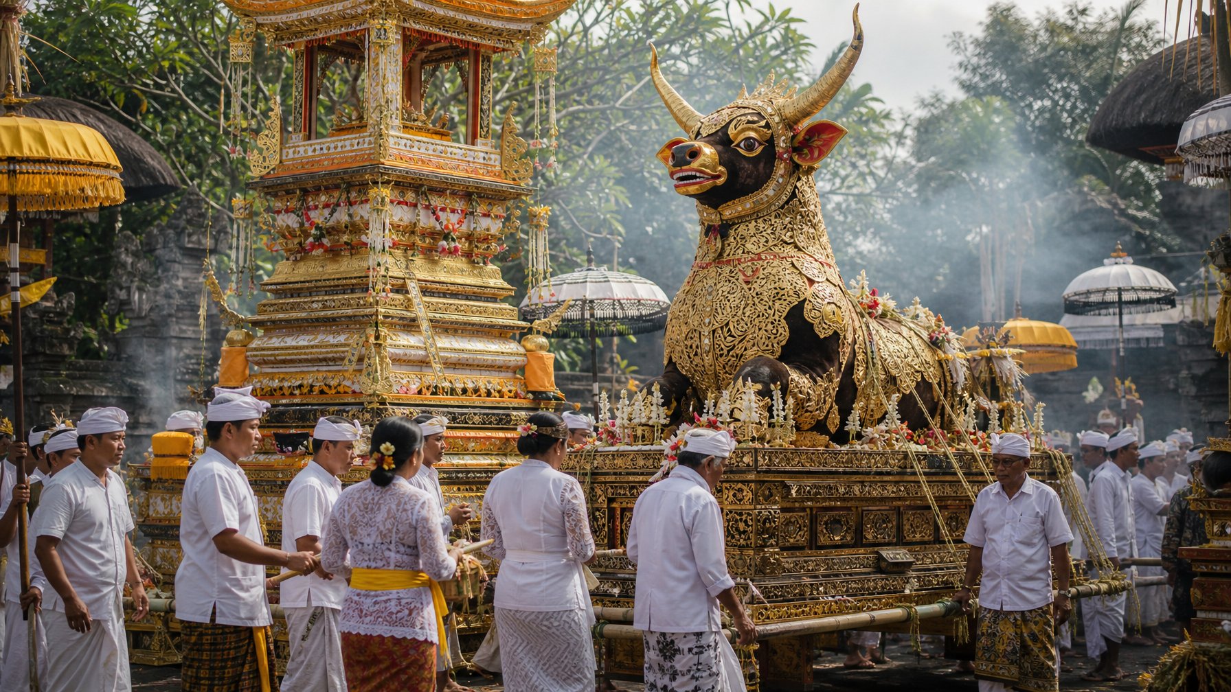 Masyarakat Bali mengikuti upacara Ngaben di sekitar menara kremasi yang dekorasi ornamen tradisional.