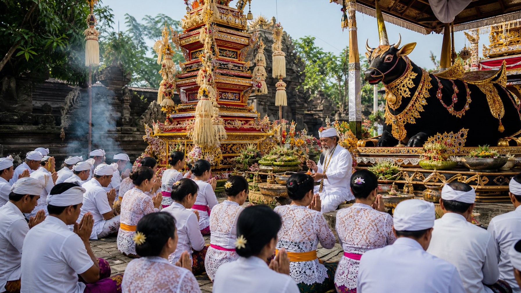 Upacara Ngaben di Bali dengan menara kremasi tradisional, persembahan, dan masyarakat yang berdoa.