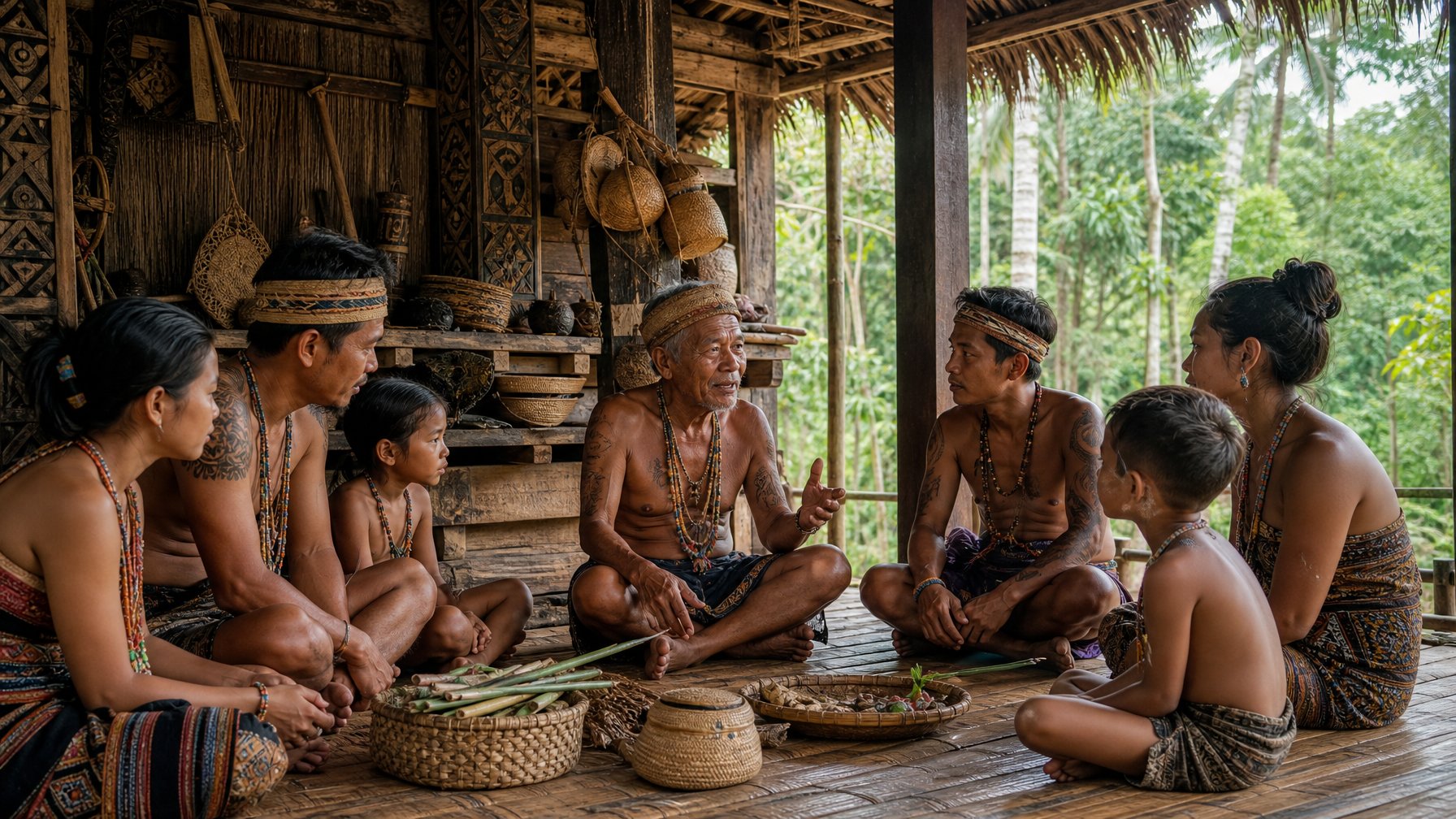 Warga Mentawai berkumpul di rumah tradisional sambil mendengarkan seorang tetua bercerita.