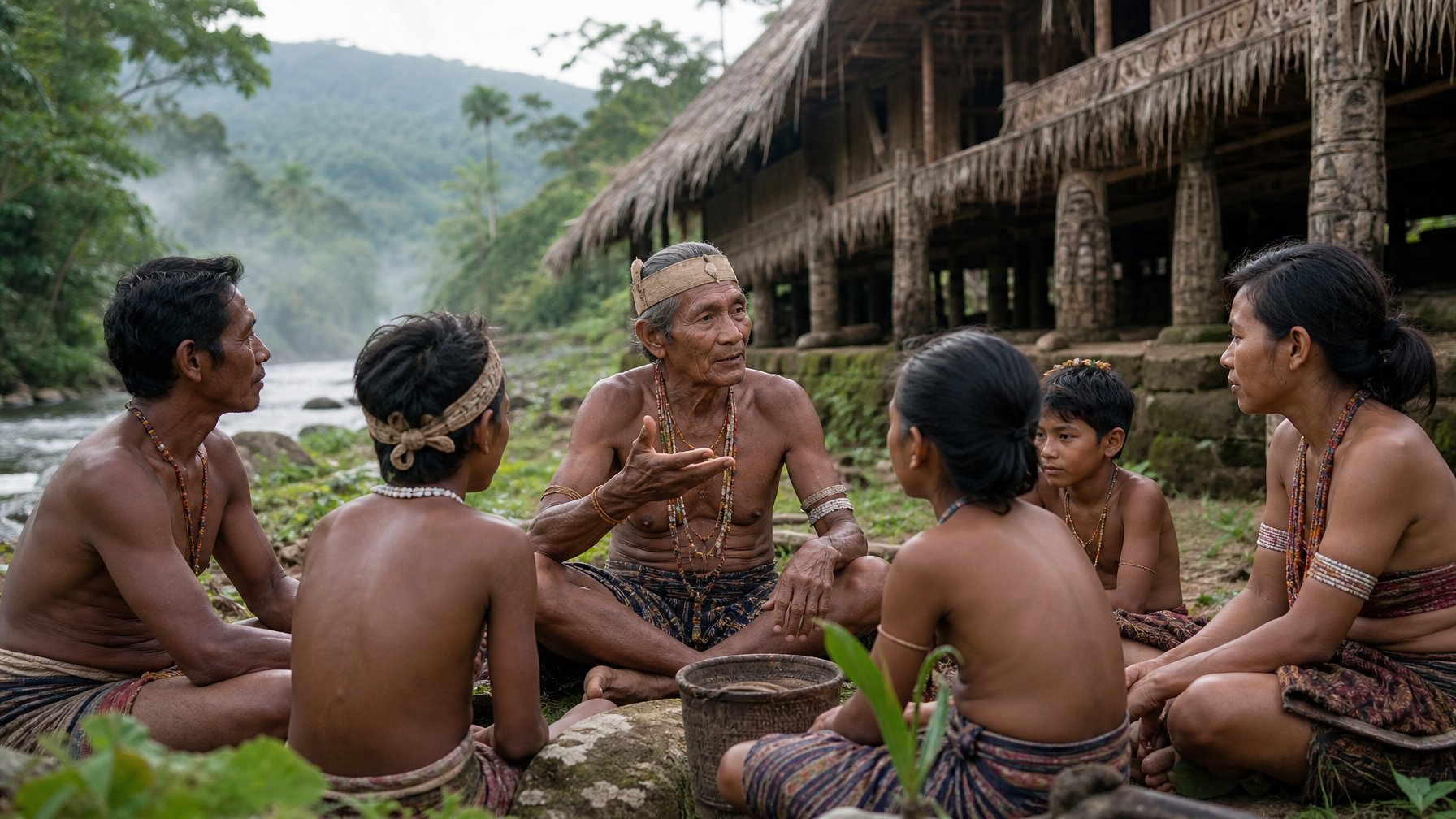 Warga Mentawai berkumpul di rumah adat dalam suasana hutan tropis, dengan seorang tetua berbagi cerita kepada generasi muda.