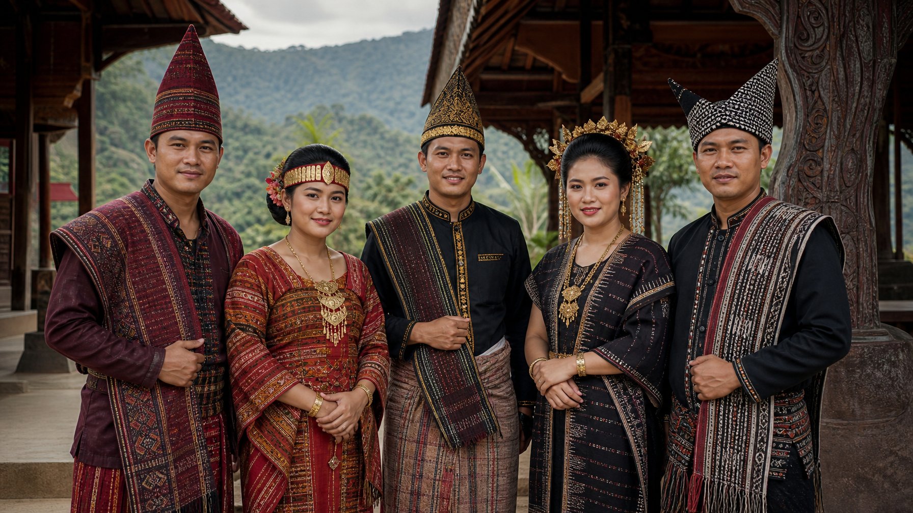 Lima orang mengenakan pakaian adat yang mewakili berbagai sub-suku Batak berdiri bersama di depan rumah tradisional Sumatera Utara.