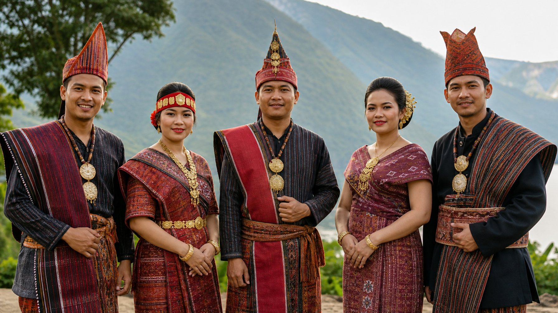 Lima orang mengenakan pakaian tradisional yang mewakili sub-suku Batak yang berdiri bersama di lingkungan pegunungan Sumatra Utara.