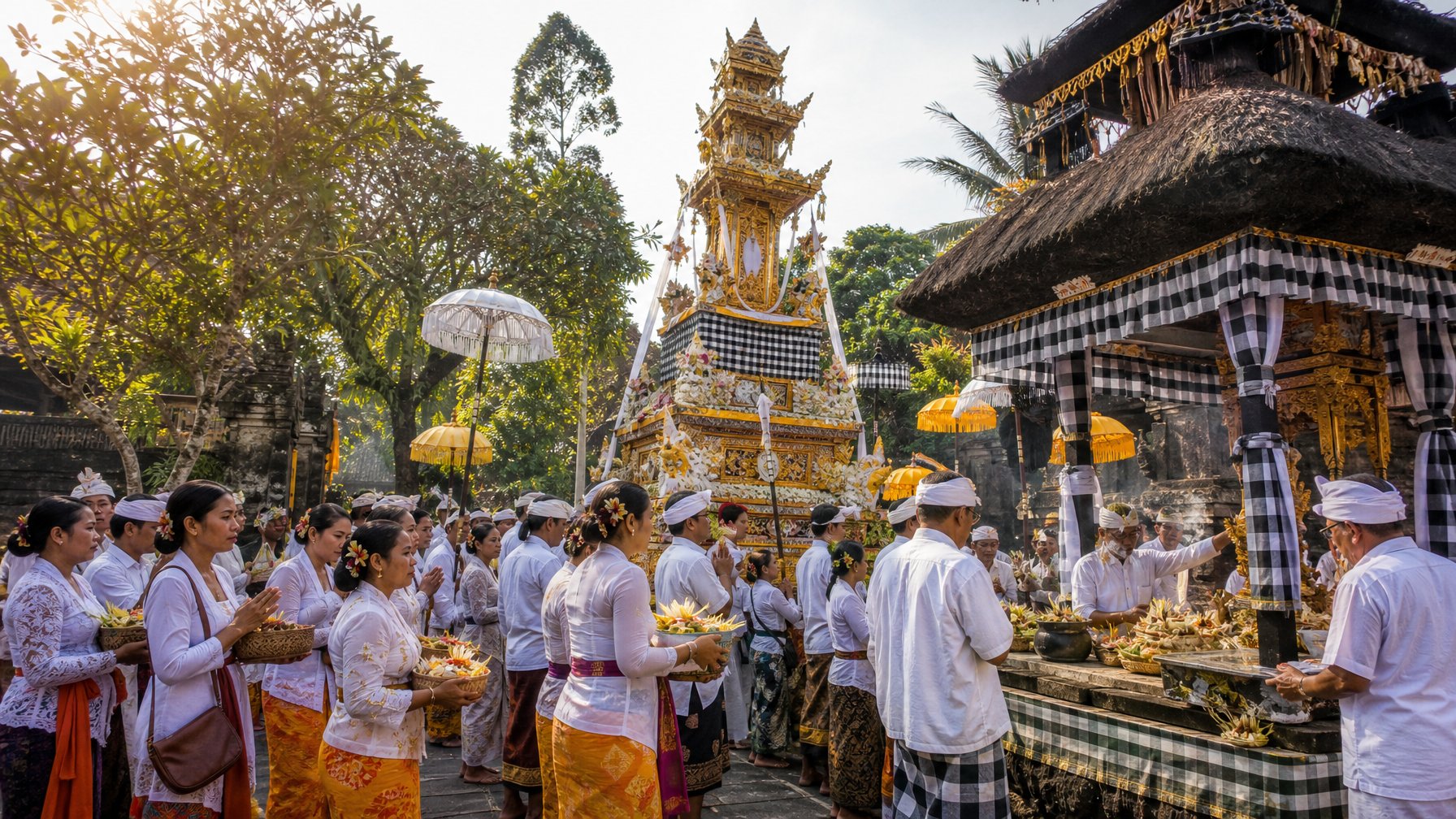 Prosesi umat Hindu Bali dalam upacara Ngaben dengan menara kremasi berhias dan berbagai persembahan.