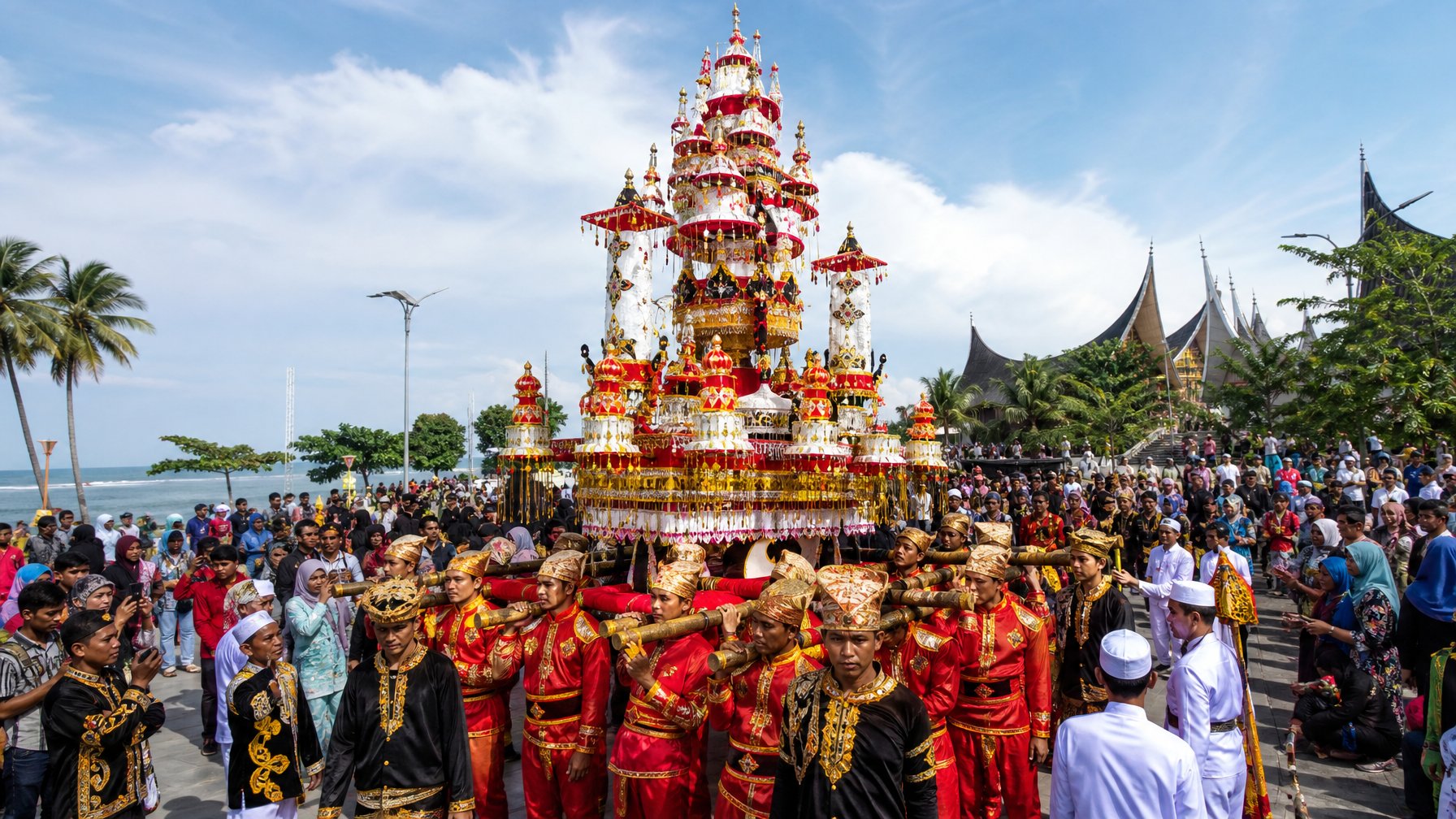 Arak-arakan Tabuik dengan menara hias yang dibawa peserta berpakaian adat di tengah kerumunan warga Pariaman.