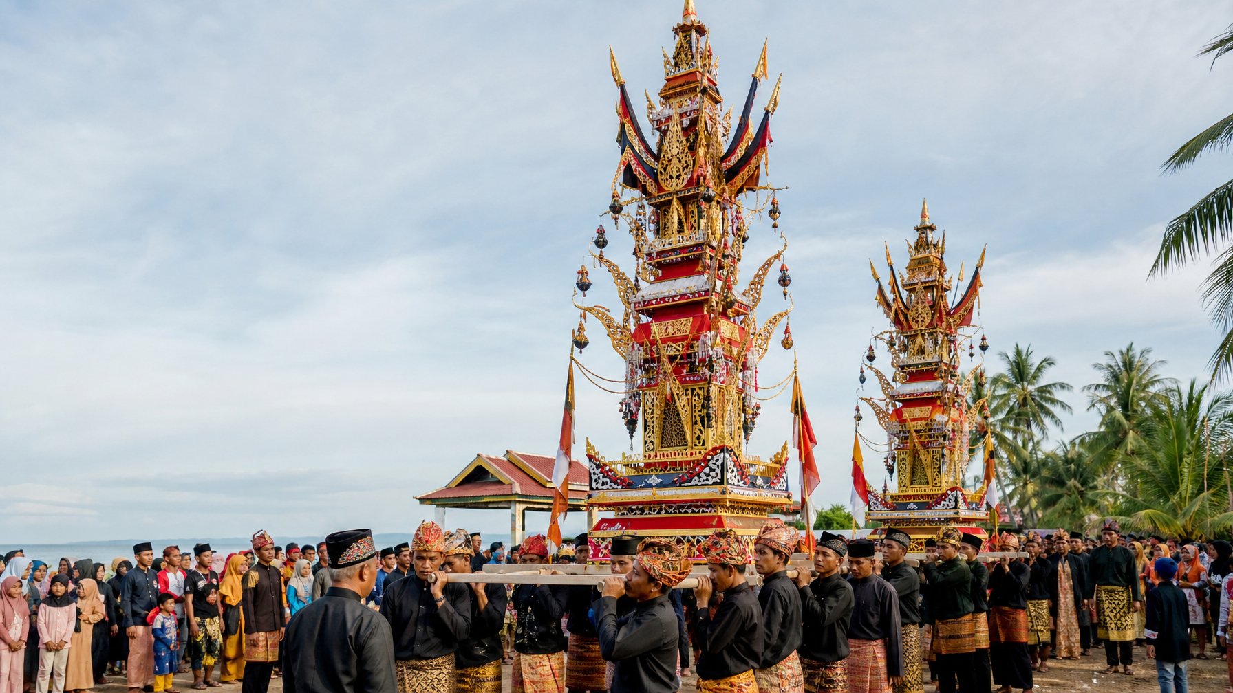 Prosesi ritual Tabuik dengan menara hias tradisional yang dibawa masyarakat di Pariaman, Sumatra Barat.
