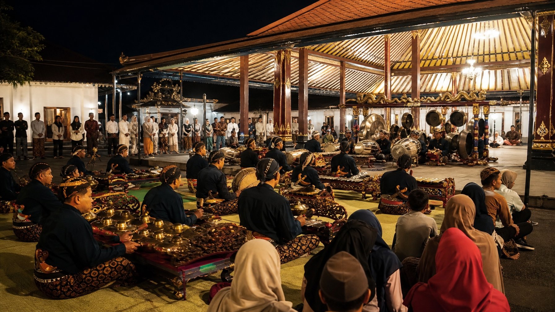 Suasana tradisi Sekaten di Keraton Yogyakarta dengan pertunjukan gamelan dan warga yang berkumpul.
