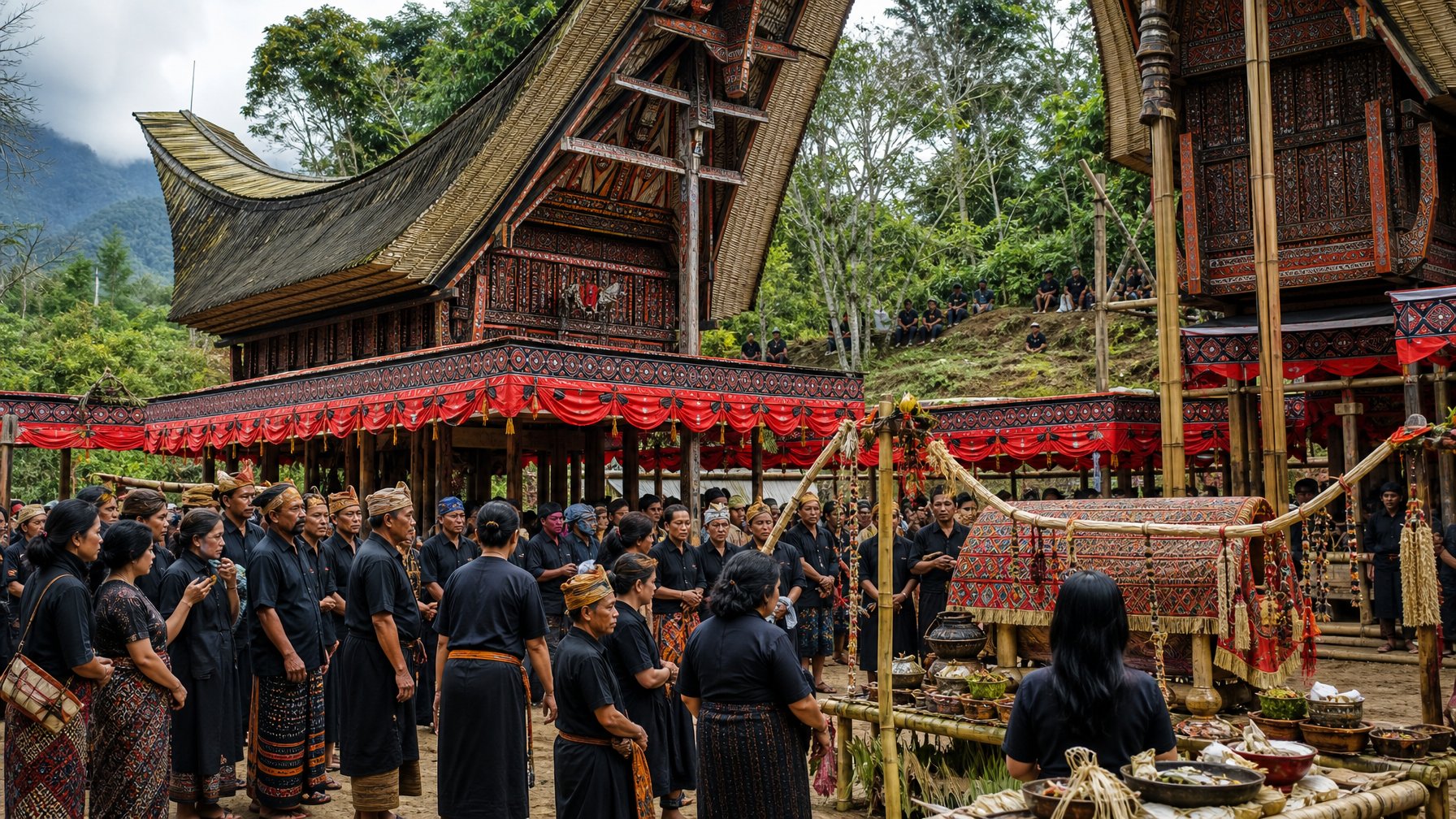 Warga Toraja berkumpul dalam upacara pemakaman Rambu Solo di depan rumah adat Tongkonan.