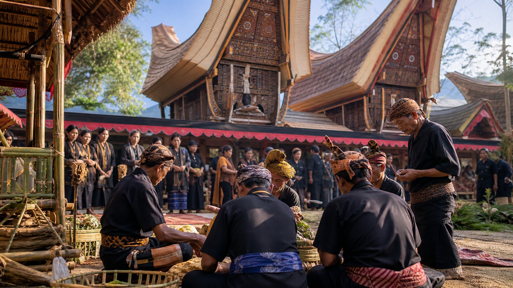 Upacara pemakaman Rambu Solo di depan rumah adat Toraja dengan masyarakat mengenakan pakaian tradisional.
