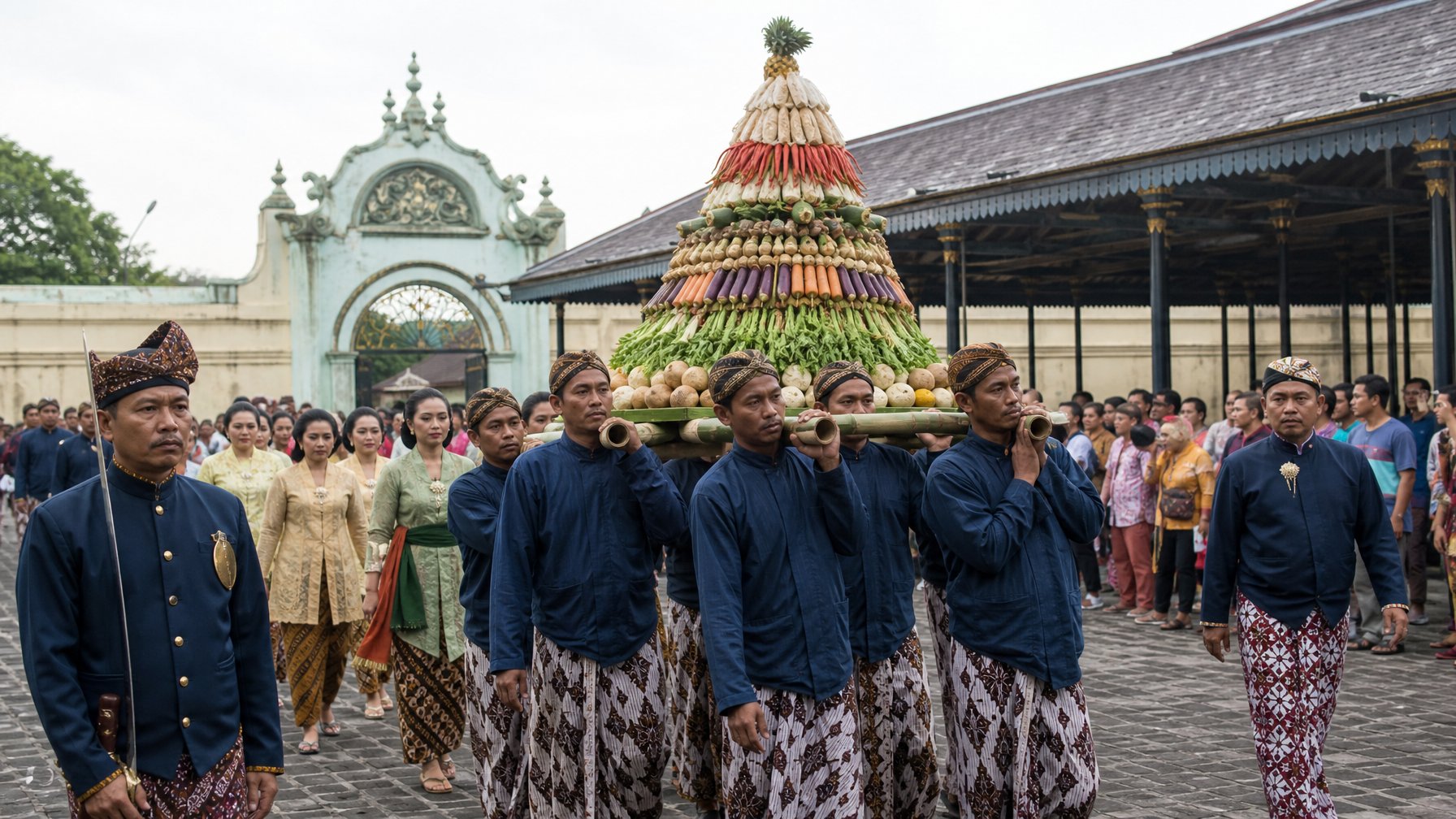 Prosesi Grebeg Maulud dengan gunungan hasil bumi di halaman Keraton Surakarta, termasuk peserta pakaian adat Jawa.