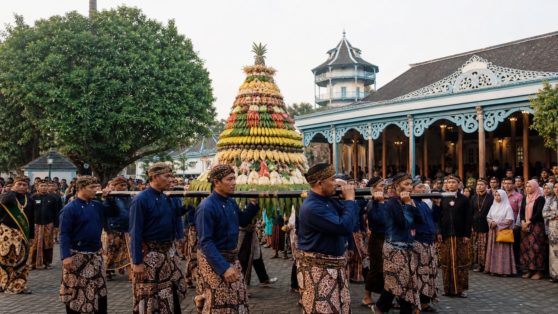 Prosesi Grebeg Maulud dengan gunungan makanan di halaman Keraton Surakarta.