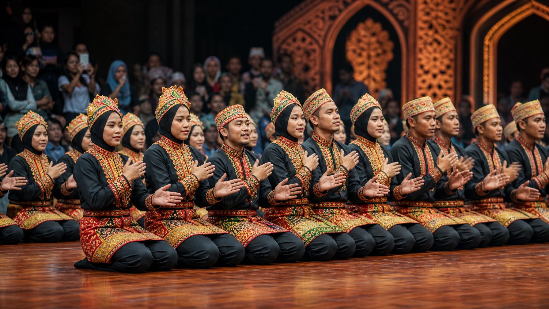 Sekelompok penari Saman Aceh menampilkan gerakan serempak dalam barisan dengan busana tradisional.