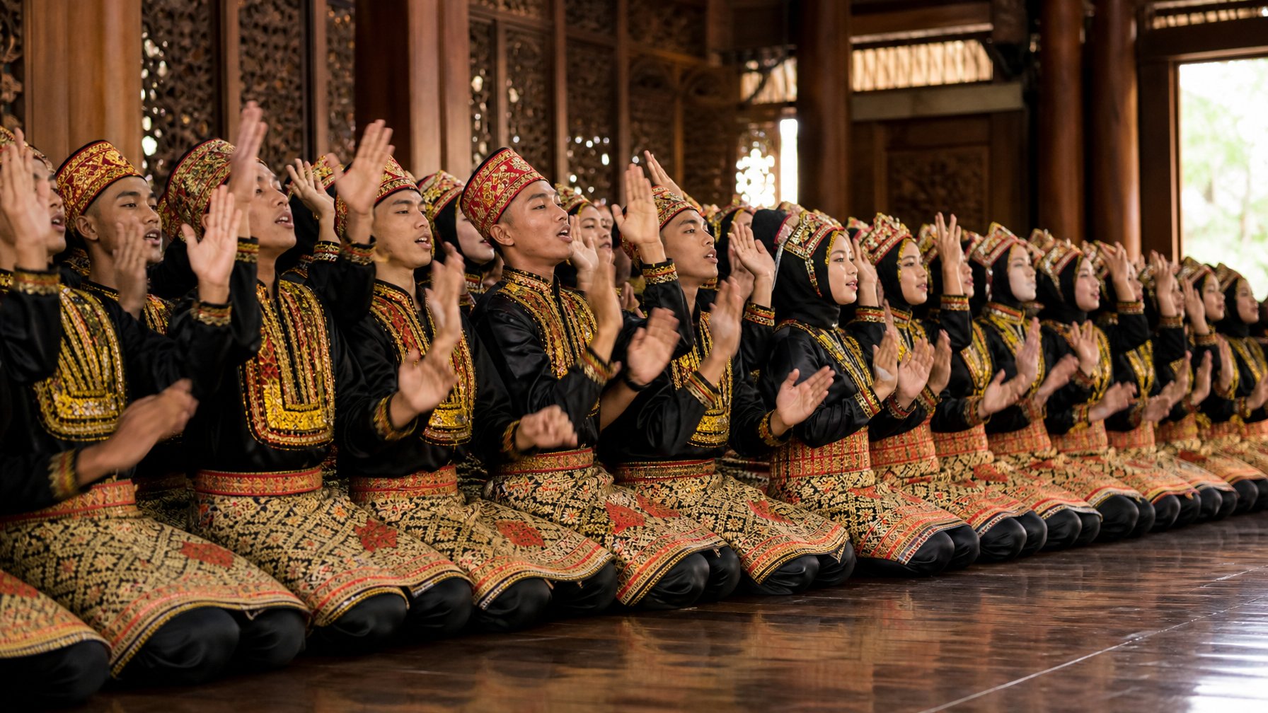 Sekelompok penari Aceh menampilkan Tari Saman secara serempak dalam barisan dengan kostum tradisional berhias warna merah dan emas.