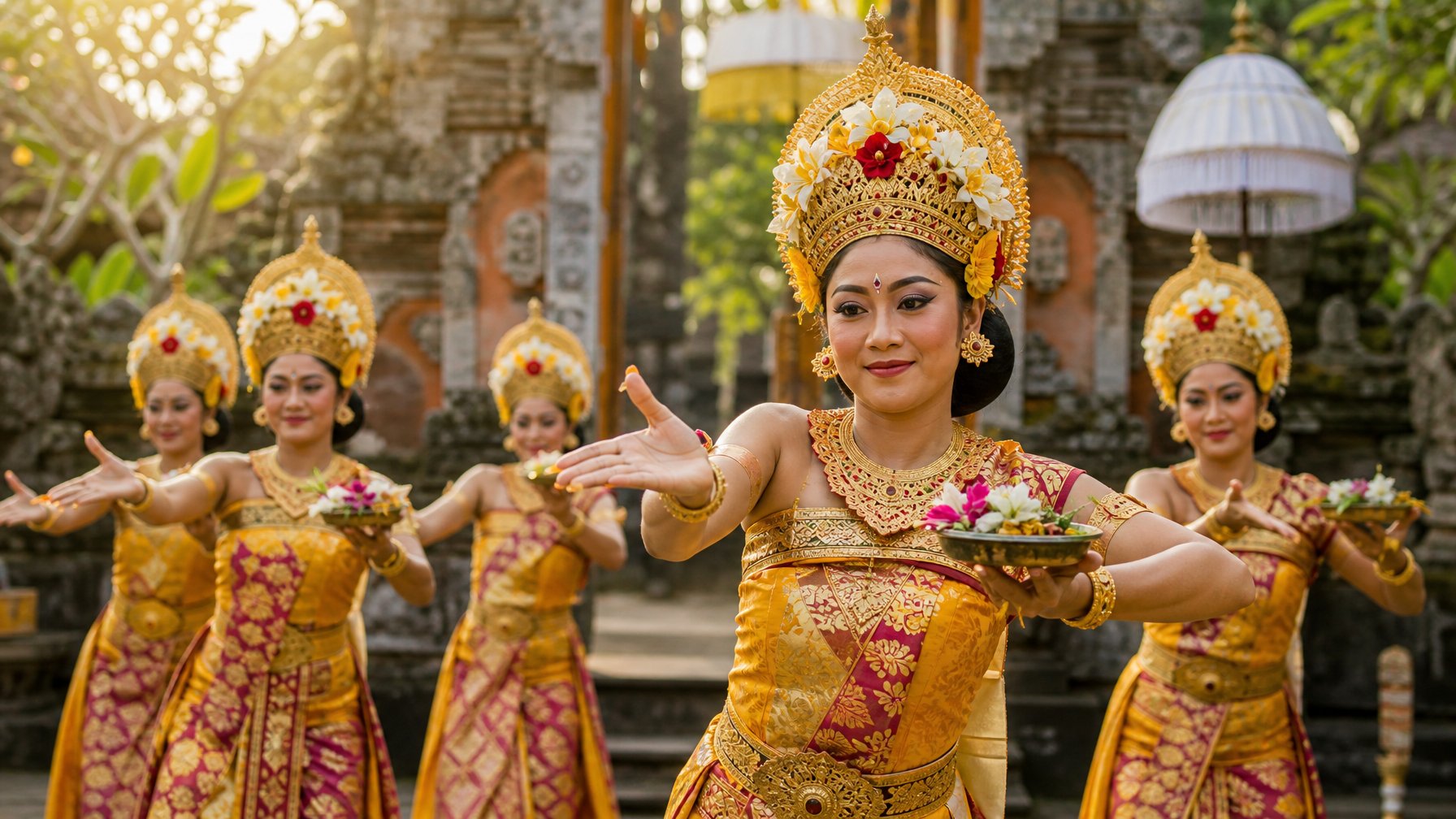 Penari perempuan Bali membawakan Tari Pendet dengan gerakan tangan anggun sambil membawakan persembahan bunga di halaman pura.