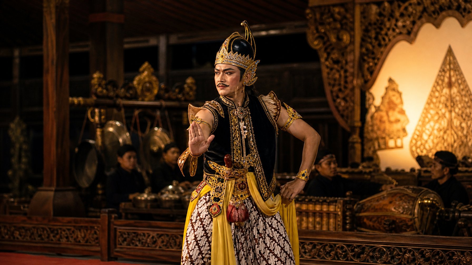 Seorang penari wayang orang Jawa tampil di panggung tradisional dengan busana dan hiasan kepala yang indah.