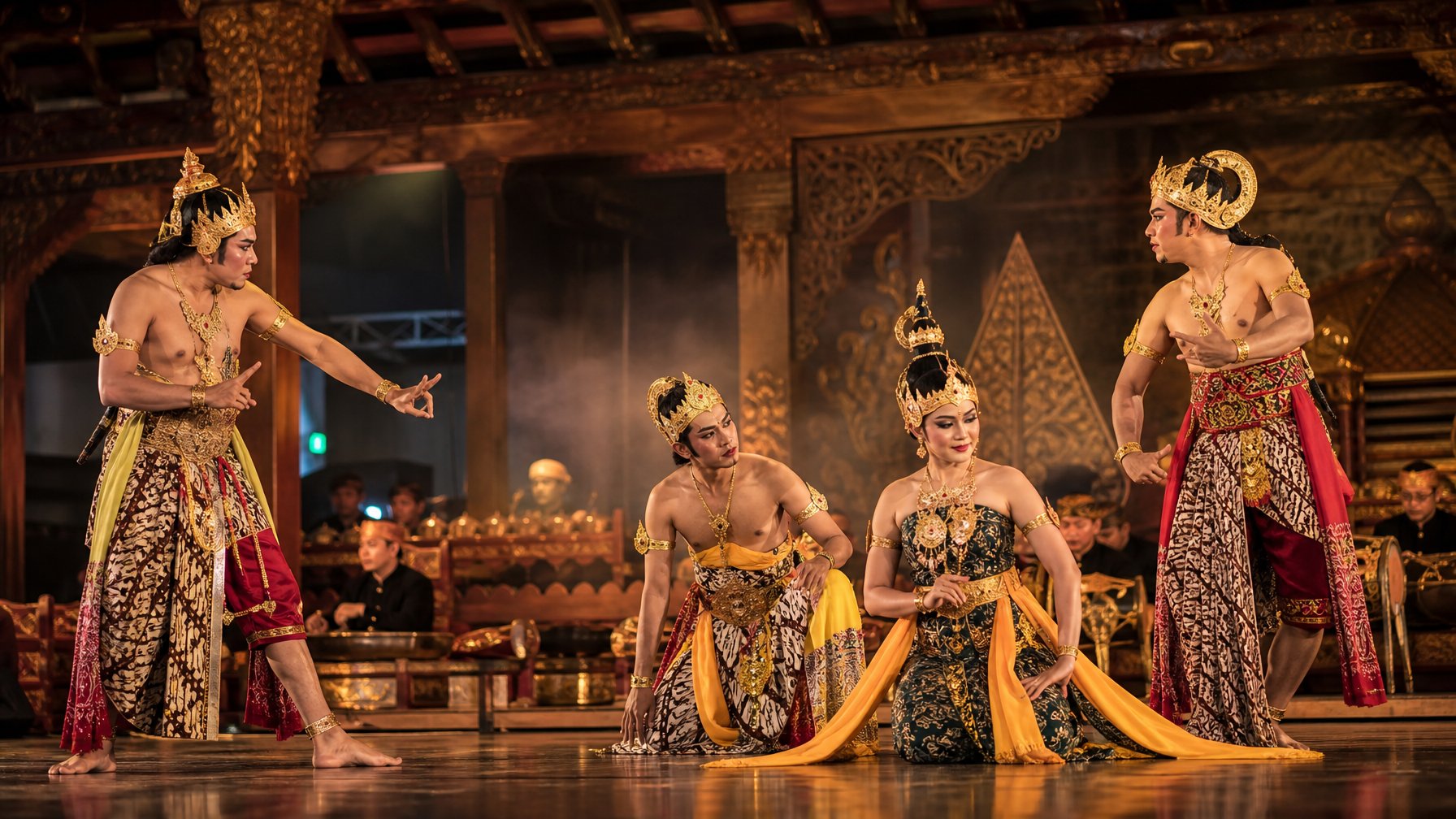 Pementasan Wayang Orang Jawa dengan para penari berkostum tradisional di atas panggung yang menghiasi ornamen budaya Jawa.