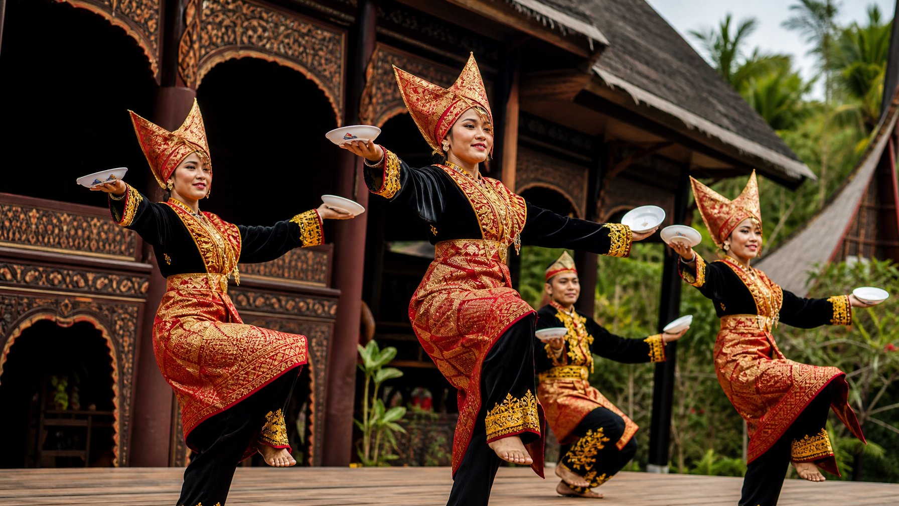 Sekelompok penari Minangkabau membawakan Tari Piring dengan memegang piring di kedua tangan.
