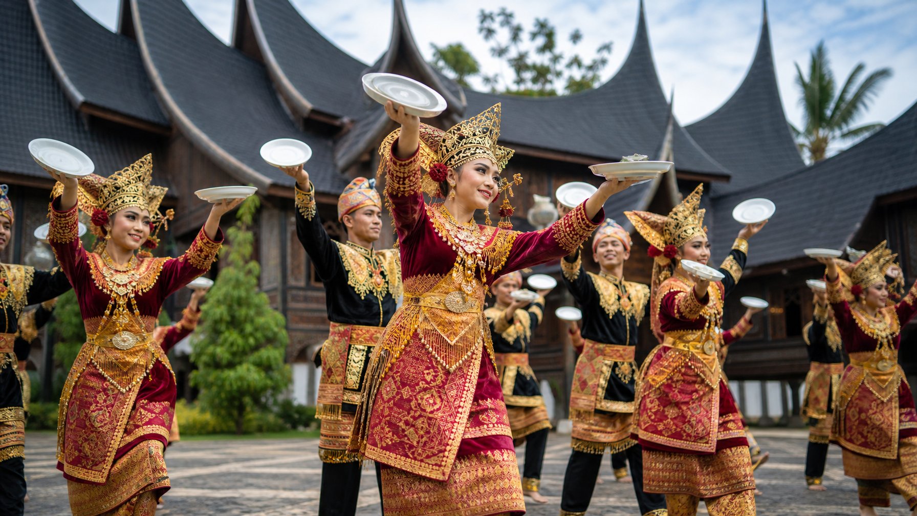 Sekelompok penari Minangkabau menampilkan Tari Piring dengan memegang piring di depan rumah gadang.