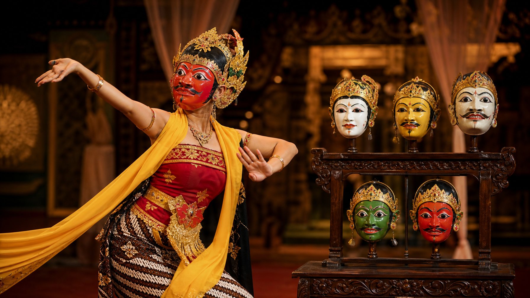 Seorang penari Tari Topeng Cirebon tampil dengan kostum tradisional dan topeng merah, ditemani beberapa topeng lain yang dipajang di dekatnya.
