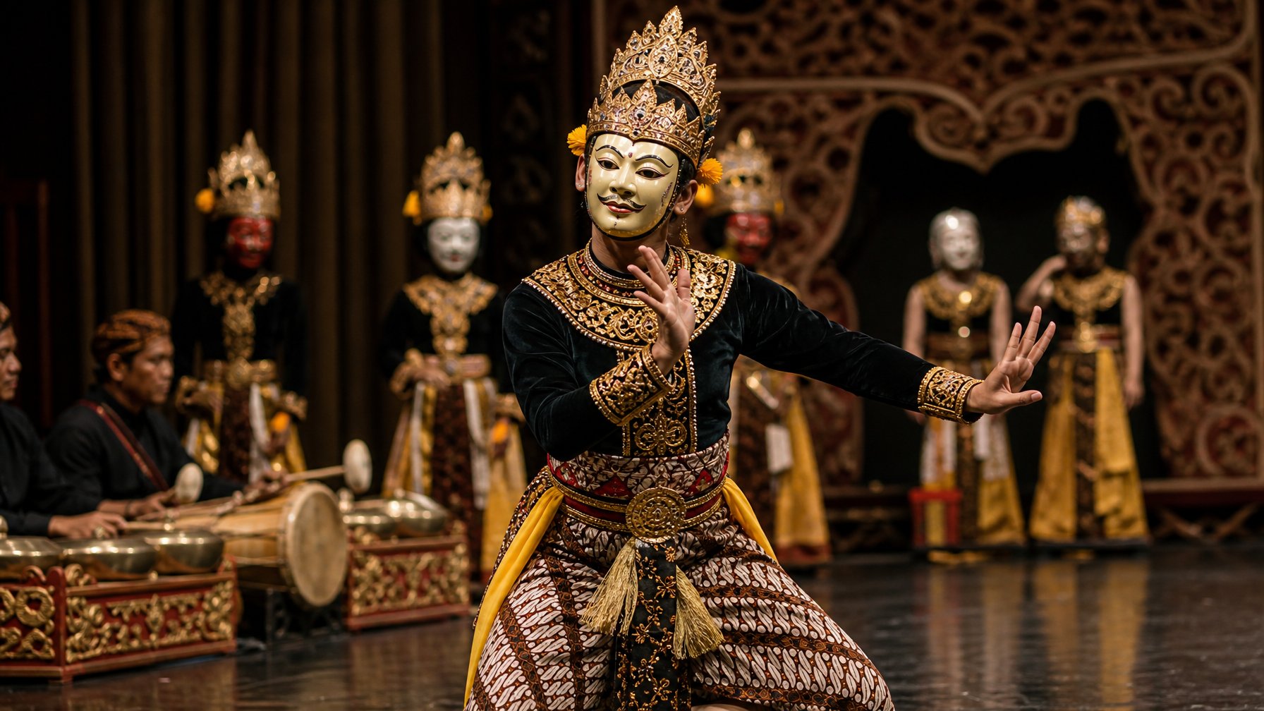 Penari membawakan Tari Topeng Cirebon dengan mengenakan topeng dan busana tradisional di atas panggung.