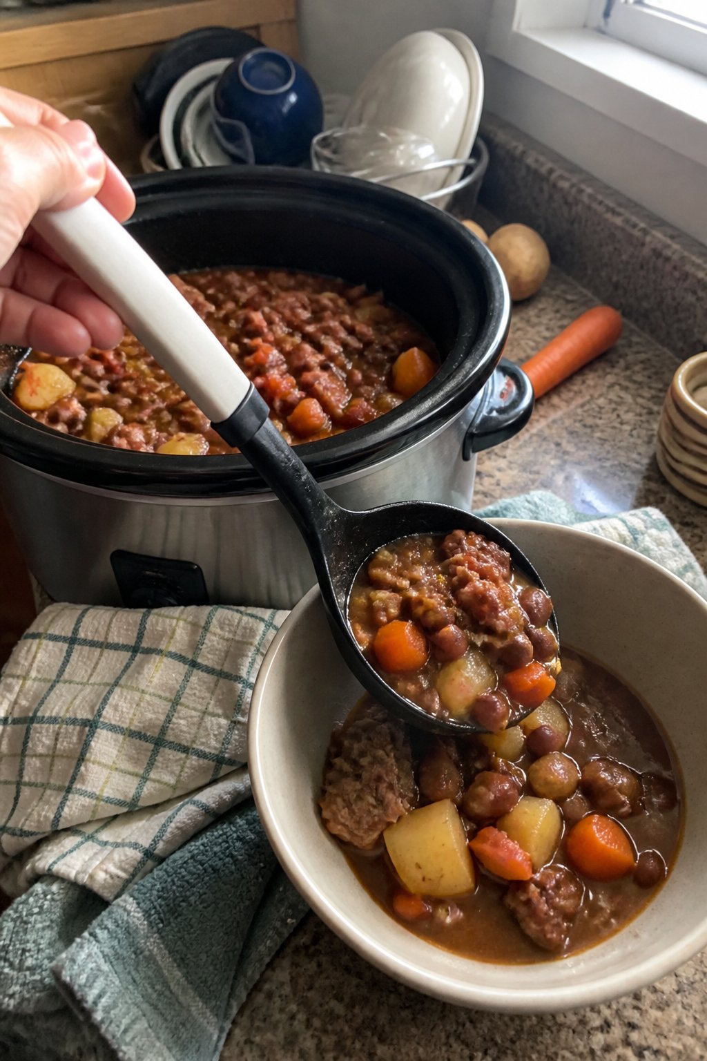 12 Crockpot Accessories That Make Dump Dinners Easier 8 A silicone ladle serves chunky stew from a slow cooker into a ceramic bowl on a kitchen counter.