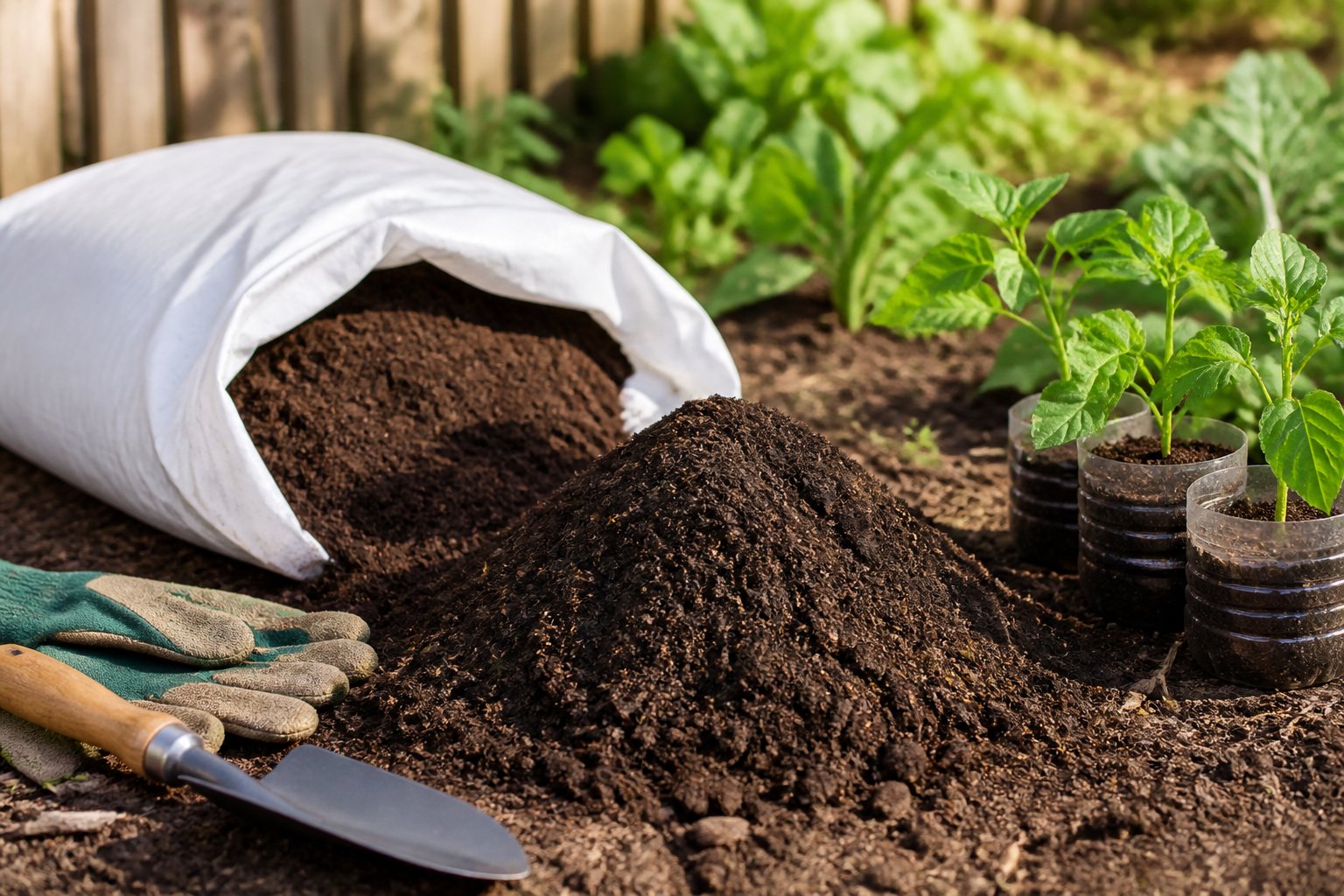 A bag of garden soil and a mound of loose soil beside seedlings and simple gardening tools in a backyard garden.