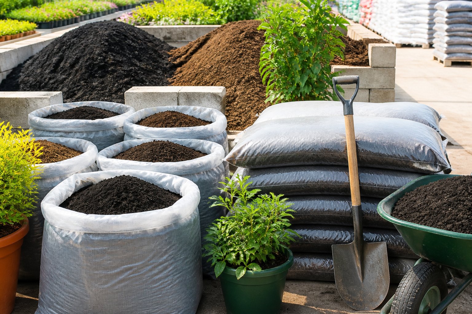An organized garden center display with soil bags, bulk soil, potted plants, and gardening tools.