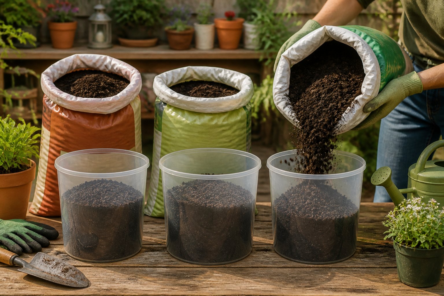 Open bags of garden soil are compared using identical measuring containers in a garden setting.