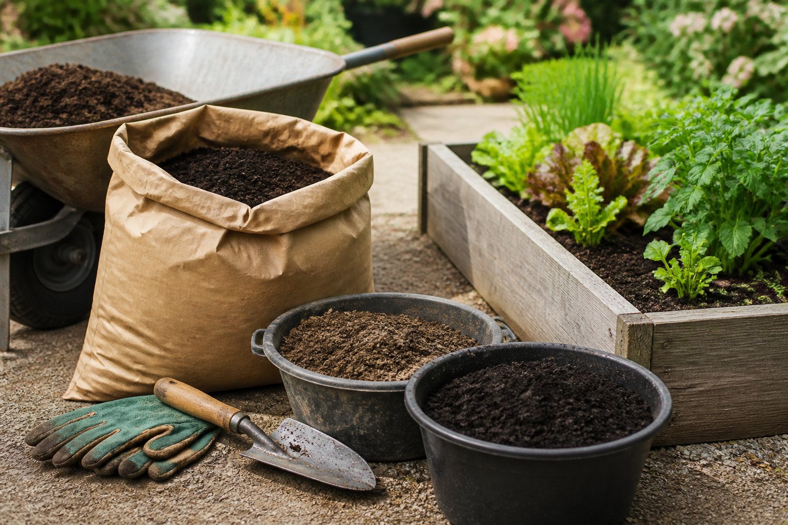 An outdoor gardening workspace with affordable soil, tools, and a raised garden bed.