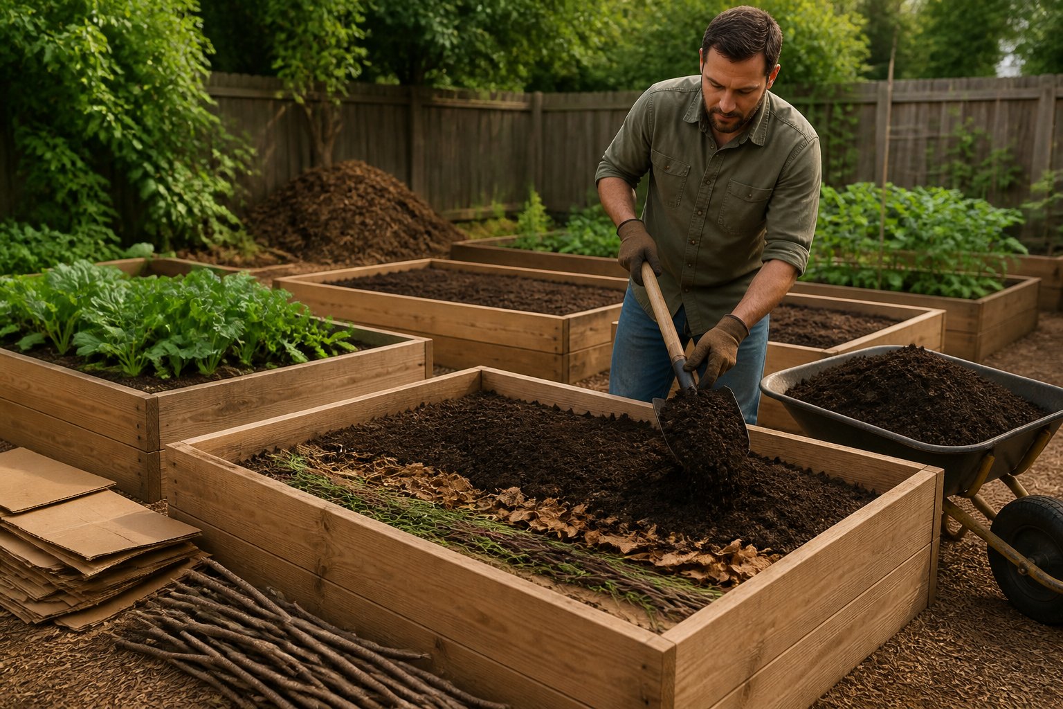 A gardener fills a raised garden bed with soil and layered organic materials in a backyard garden.