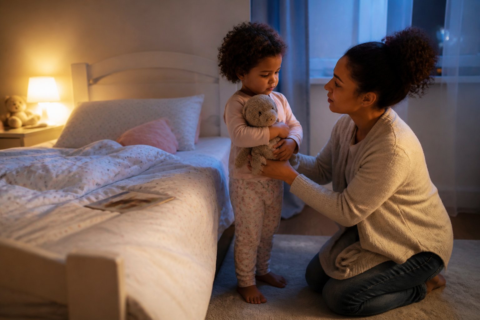 A tired toddler sits beside a bed with a stuffed animal while a parent offers comfort at bedtime.