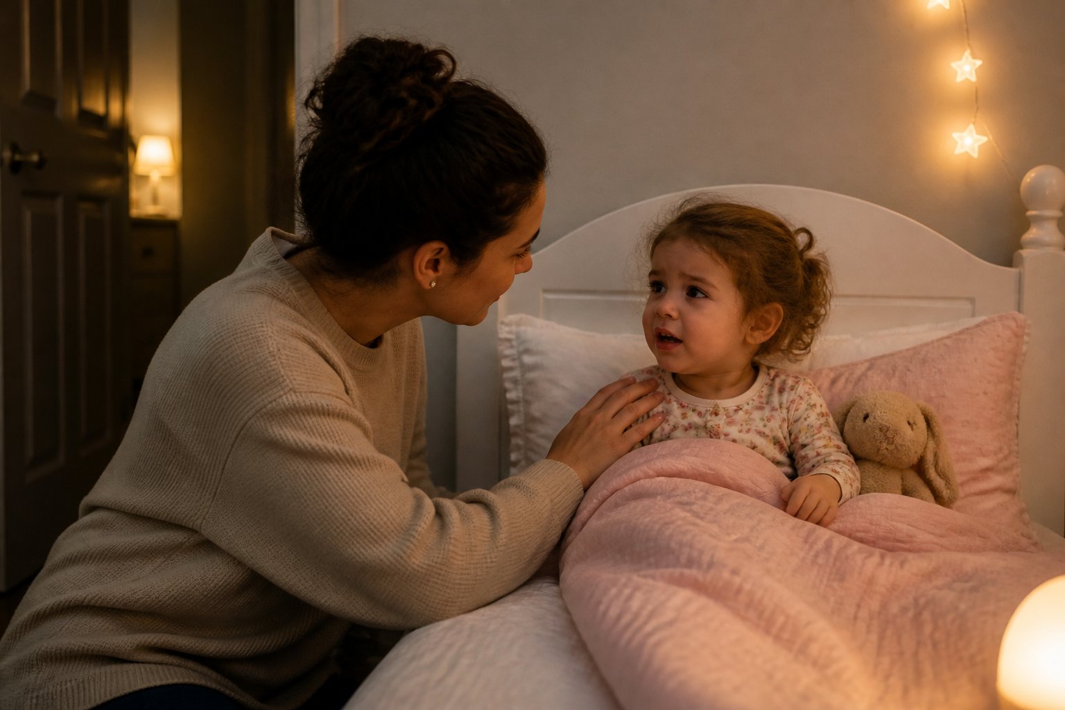 A tired parent comforts an awake toddler in a cozy bedroom at bedtime.