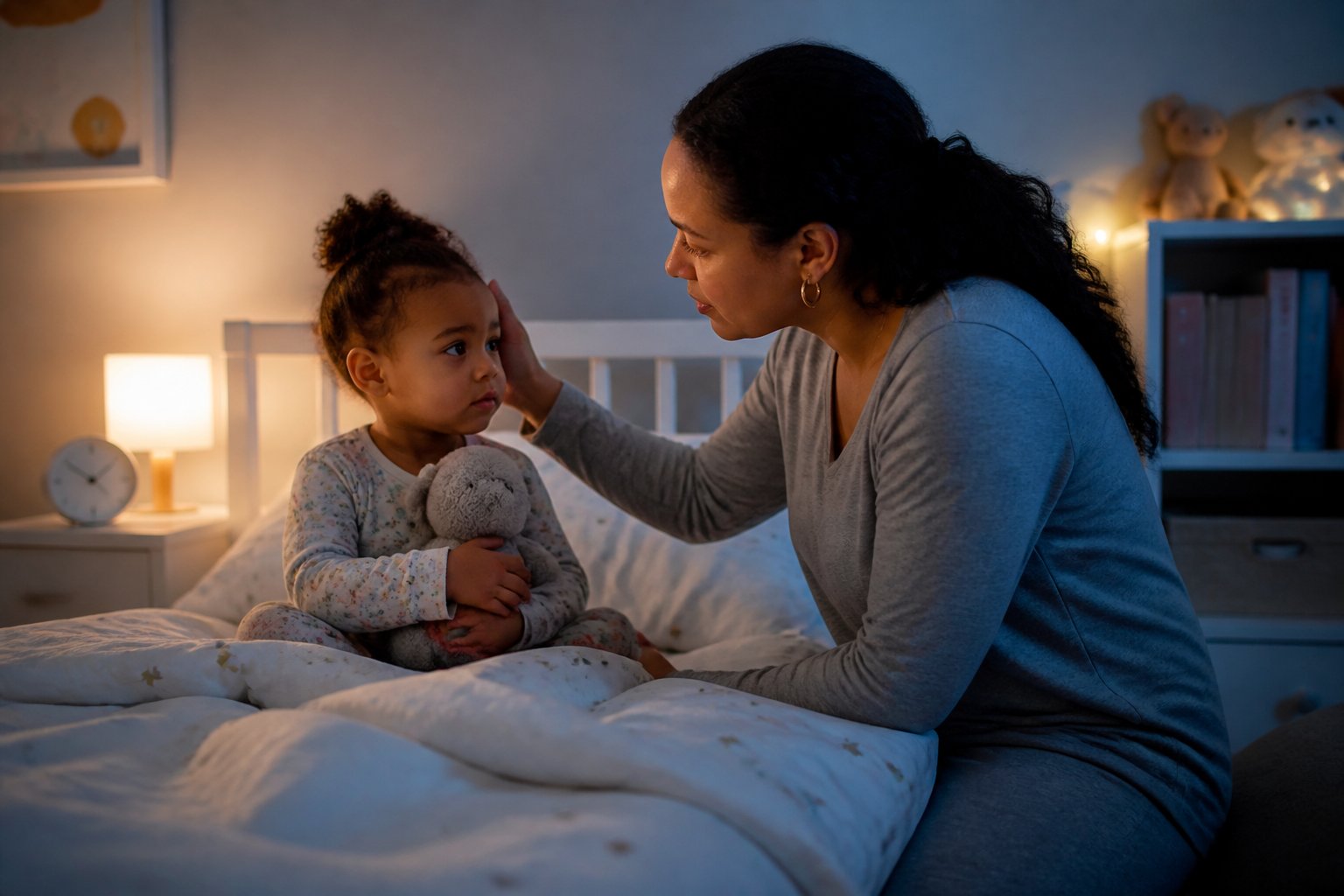 A parent comforts a sleepy toddler who is awake in bed at night.