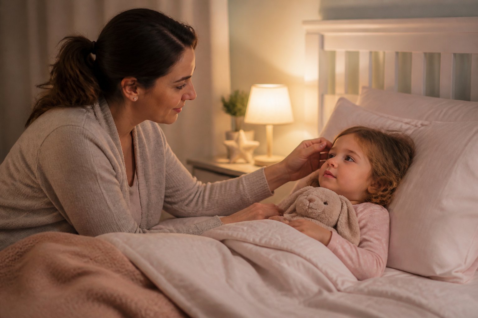 A parent comforts a tired toddler in bed during a calm bedtime routine.