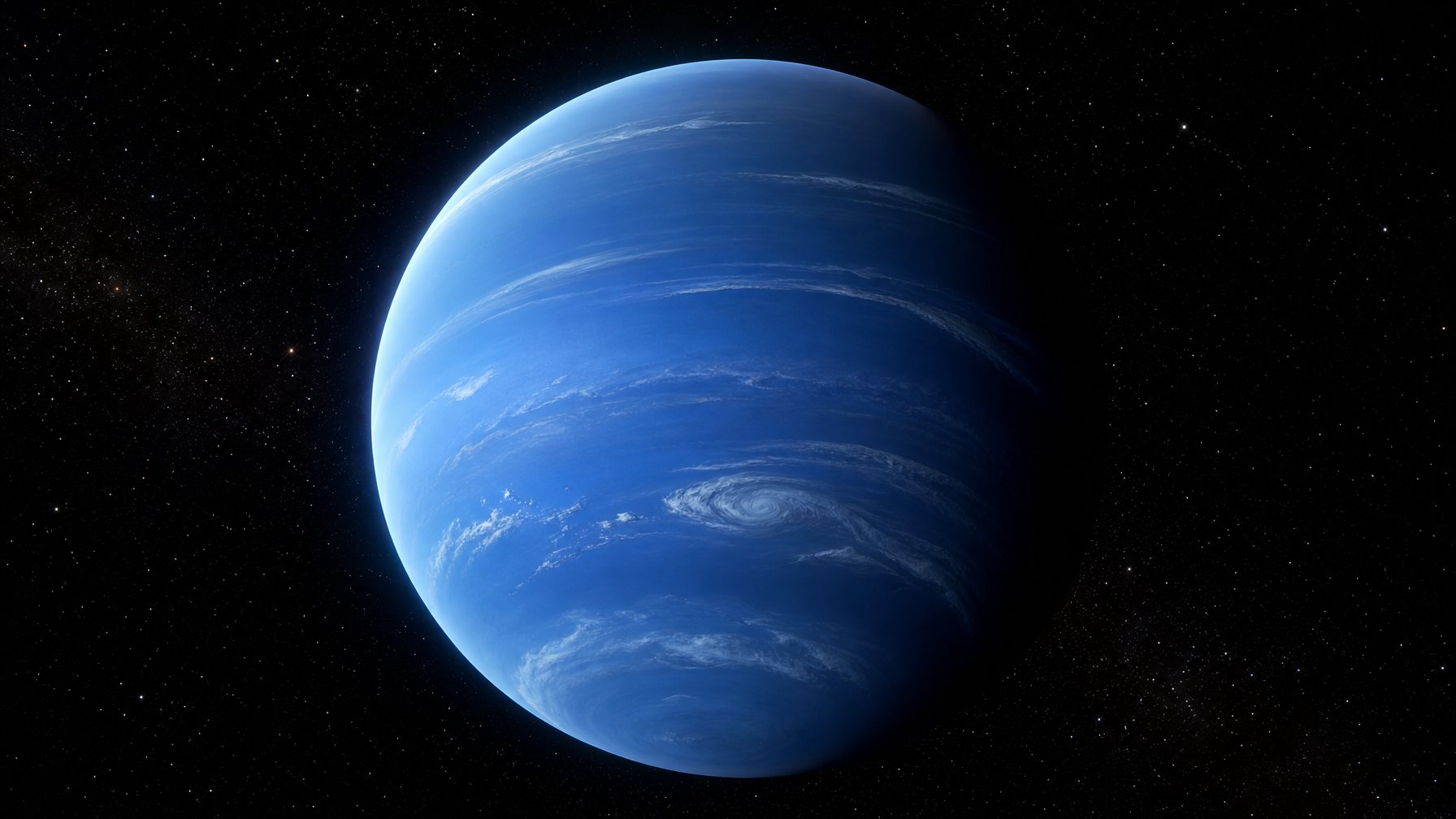 Planet Neptunus biru dengan pita awan putih berputar cepat di tengah ruang angkasa yang gelap.